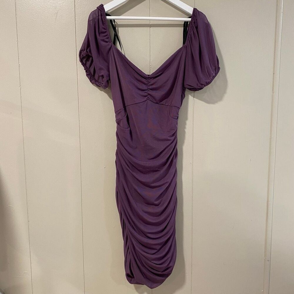Windsor Purple Ruched Puff Sleeve Bodycon Dress Women’s Size S Off Shoulder